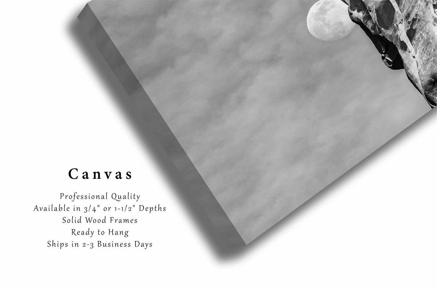 Lunar Canvas Wall Art (Ready to Hang) Waning Gibbous Moon Beside Sandstone Cliff in Utah | Black and White Arches National Park Photography Nature Decor