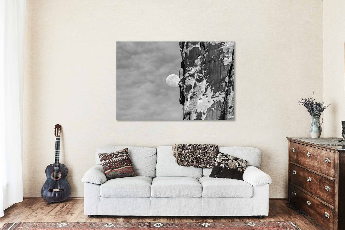 Lunar Canvas Wall Art (Ready to Hang) Waning Gibbous Moon Beside Sandstone Cliff in Utah | Black and White Arches National Park Photography Nature Decor