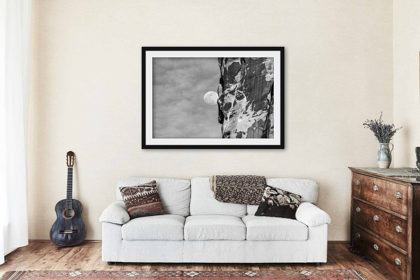 Framed Lunar Print (Ready to Hang) Waning Gibbous Moon Beside Sandstone Cliff in Utah | Black and White Arches National Park Wall Art Nature Decor