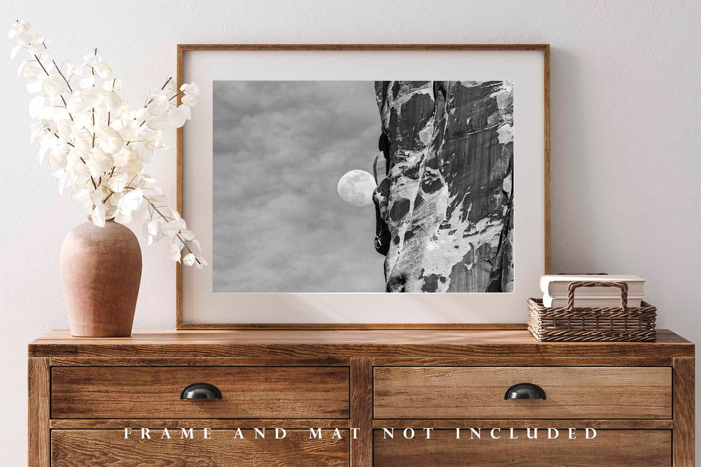 Lunar Photography Print (Unframed) Waning Gibbous Moon Beside Sandstone Cliff in Utah | Black and White Arches National Park Wall Art Nature Decor
