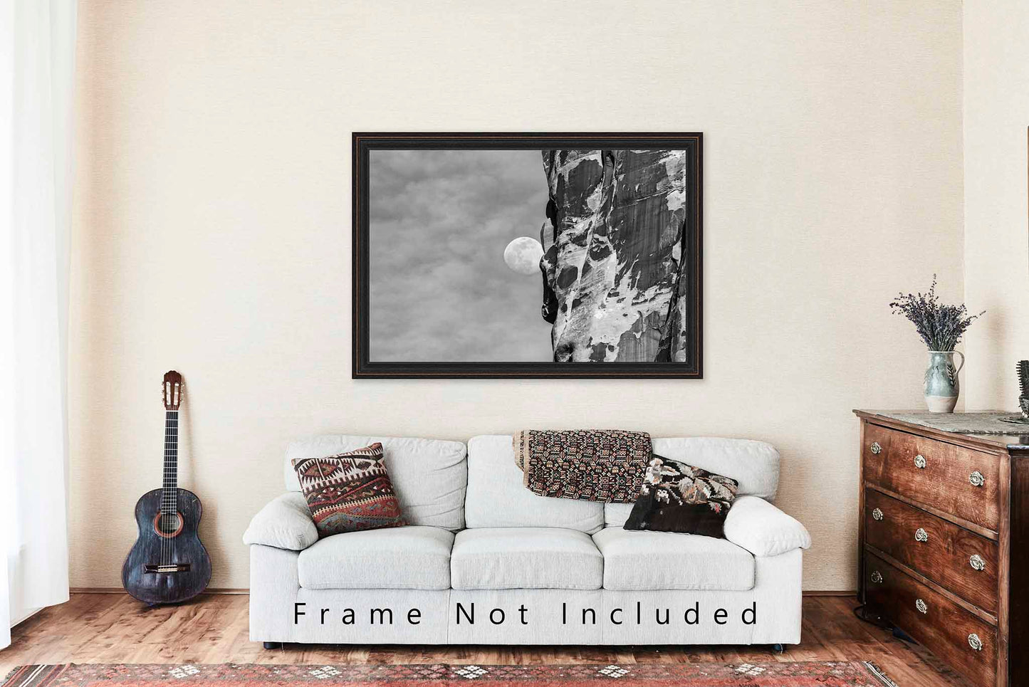 Lunar Photography Print (Unframed) Waning Gibbous Moon Beside Sandstone Cliff in Utah | Black and White Arches National Park Wall Art Nature Decor