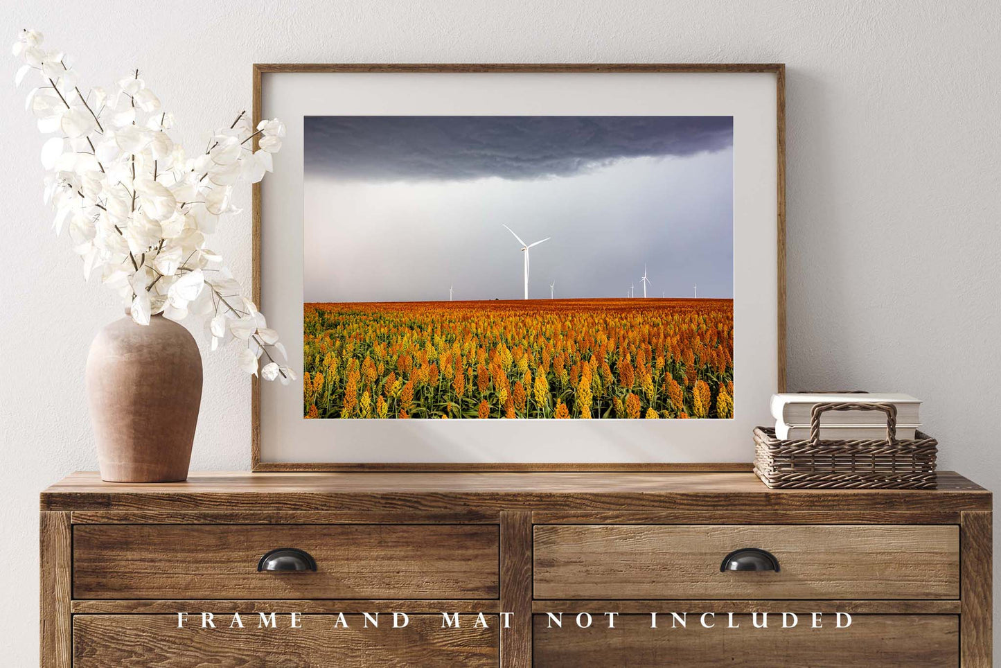 Country Photography Print - Picture of Colorful Maize Field and Wind Turbines on Autumn Day in Kansas - Farmhouse Home Decor Photo Artwork