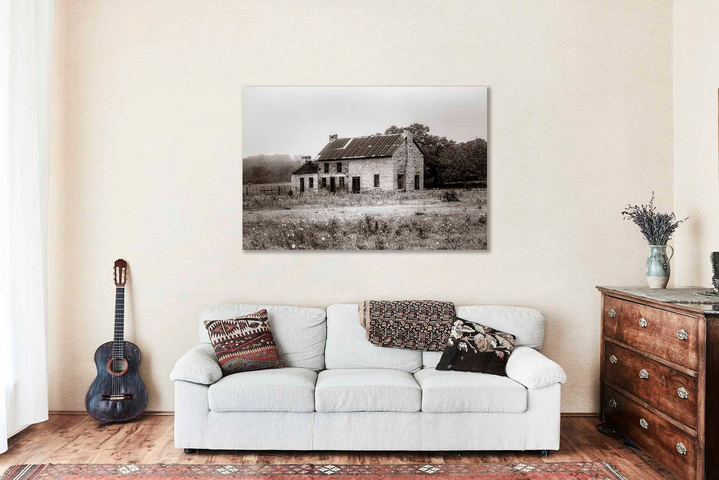 Abandoned Canvas | Bluebonnet House Gallery Wrap | Texas Photography | Rustic Sepia Wall Art | Hill Country Decor | Ready to Hang