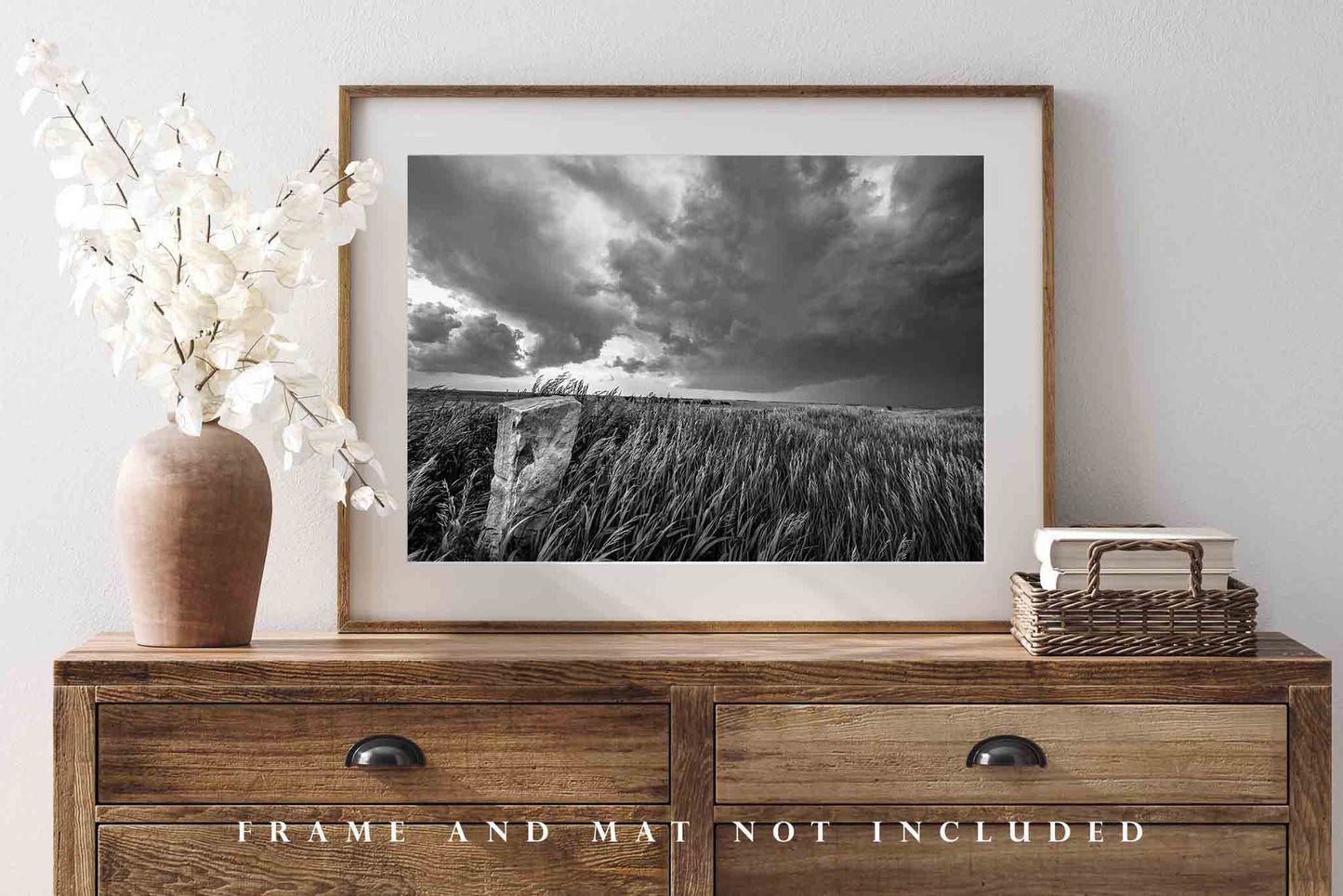 Black and White Photography Print - Wall Art Picture of Old Limestone Marker and Prairie Grass in Storm on Kansas Prairie Western Decor
