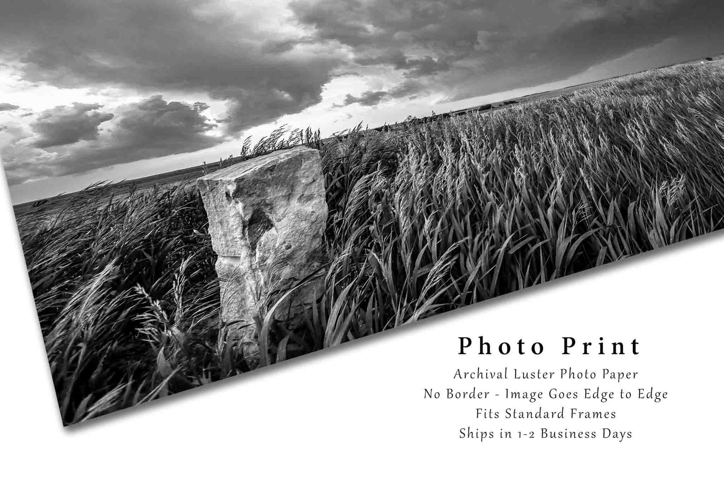 Black and White Photography Print - Wall Art Picture of Old Limestone Marker and Prairie Grass in Storm on Kansas Prairie Western Decor