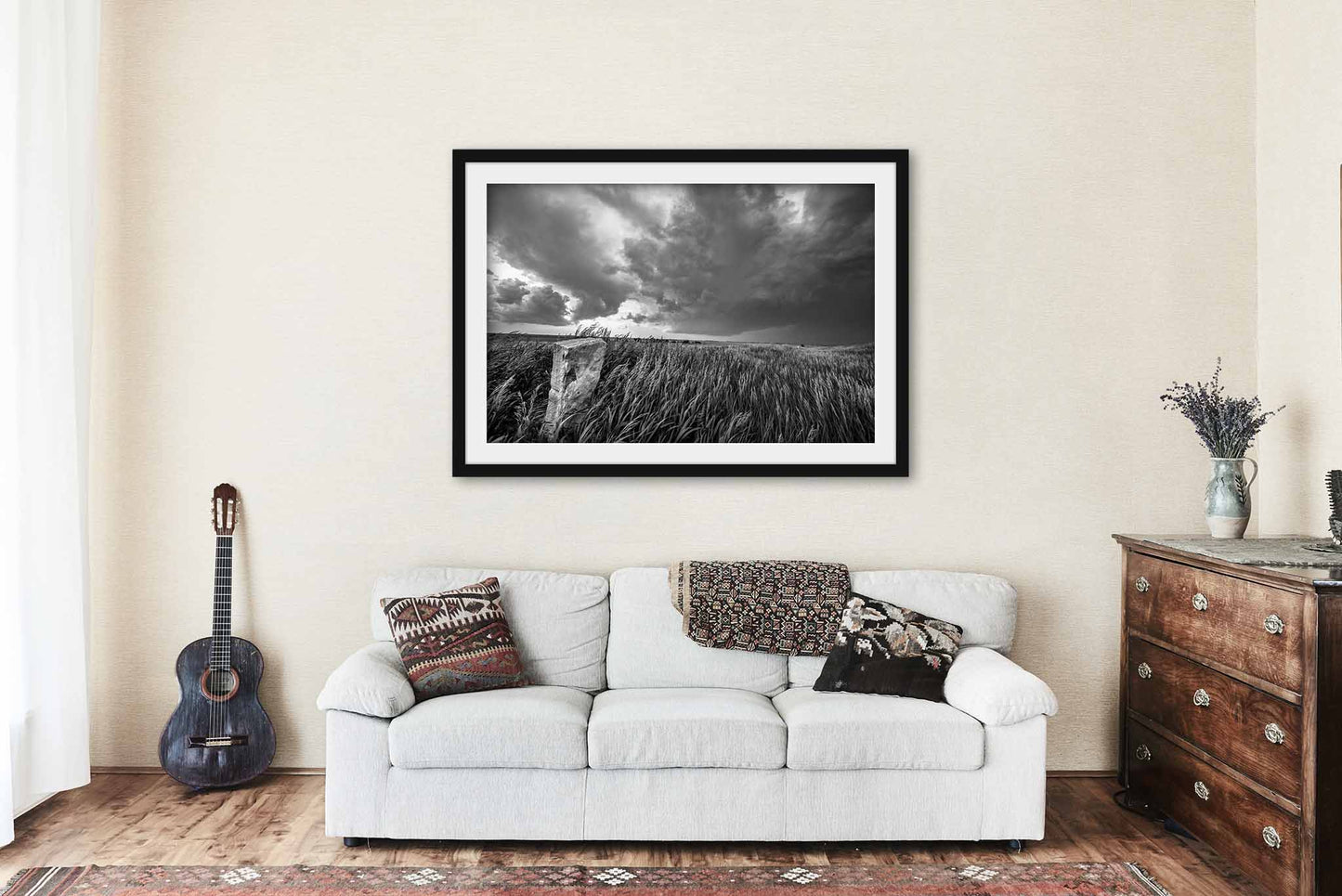 Framed and Matted Print - Black and White Picture of Limestone Marker in Prairie Grass and Storm in Kansas Great Plains Wall Art Western Decor