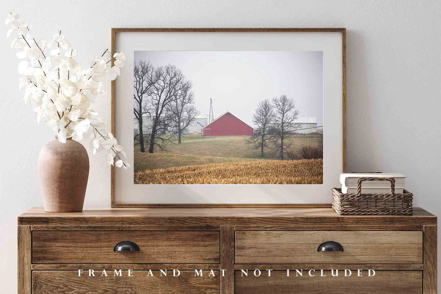 Farm Photography Print - Picture of Red Barn on Foggy Morning in Illinois - Country Wall Art Midwestern Photo Artwork Farmhouse Decor