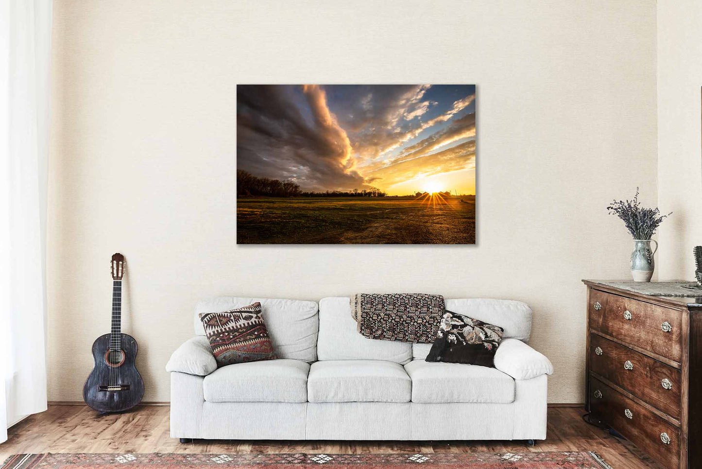Southeast Canvas Wall Art (Ready to Hang) Gallery Wrap of Warm Sunset Over Farm in Mississippi Delta in Mississippi Country Photography Southern Decor