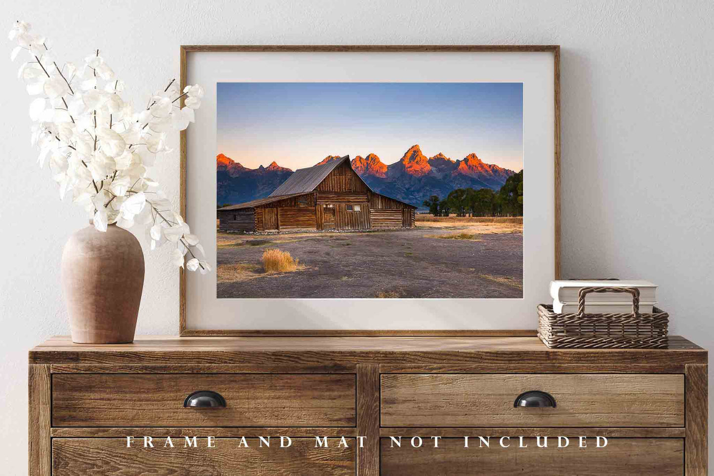 Western Wall Art Photography Print - Fine Art Print of Moulton Barn and Grand Tetons with Alpenglow at Sunrise Wyoming Decor Rustic Photo