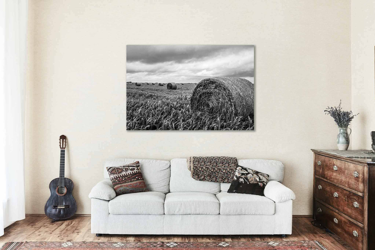 Round Hay Bales Canvas | Nostalgic Farm Gallery Wrap | Black and White Photography | Kansas Wall Art | Farmhouse Decor | Ready to Hang