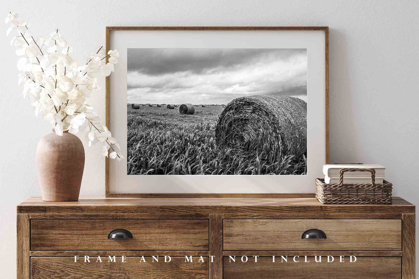 Round Hay Bales Photography Print | Nostalgic Farm Picture | Black and White Wall Art | Kansas Photo | Farmhouse Decor | Not Framed