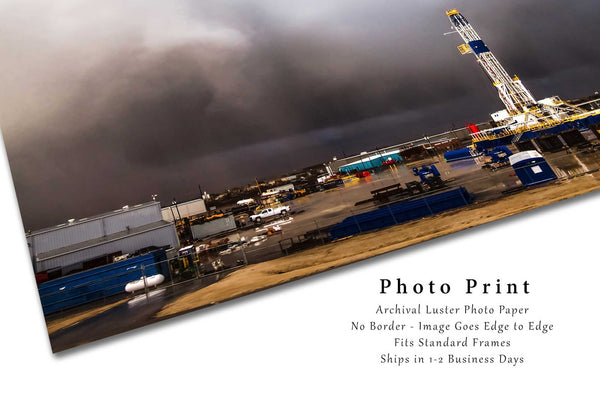 Oilfield Photography Print - Wall Art Picture of Drilling Rig Yard and Intense Storm in Central Oklahoma Oil Rig Derrick Scenic Decor