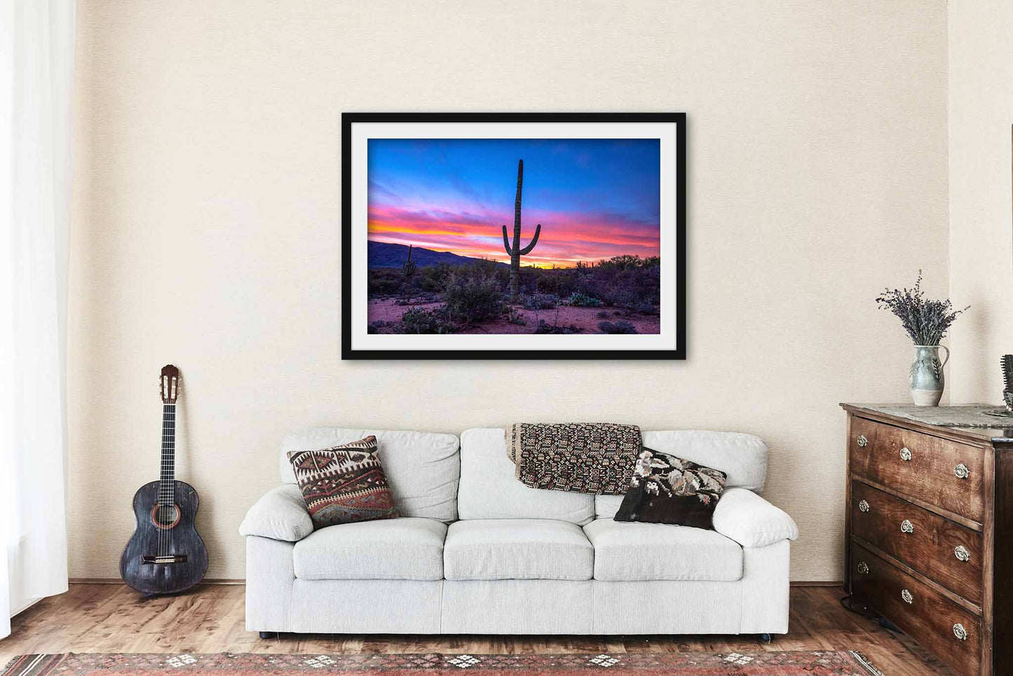 Framed Print of Saguaro Cactus at Sunrise in Sonoran Desert in Arizona Desert Wall Art Southwestern Decor