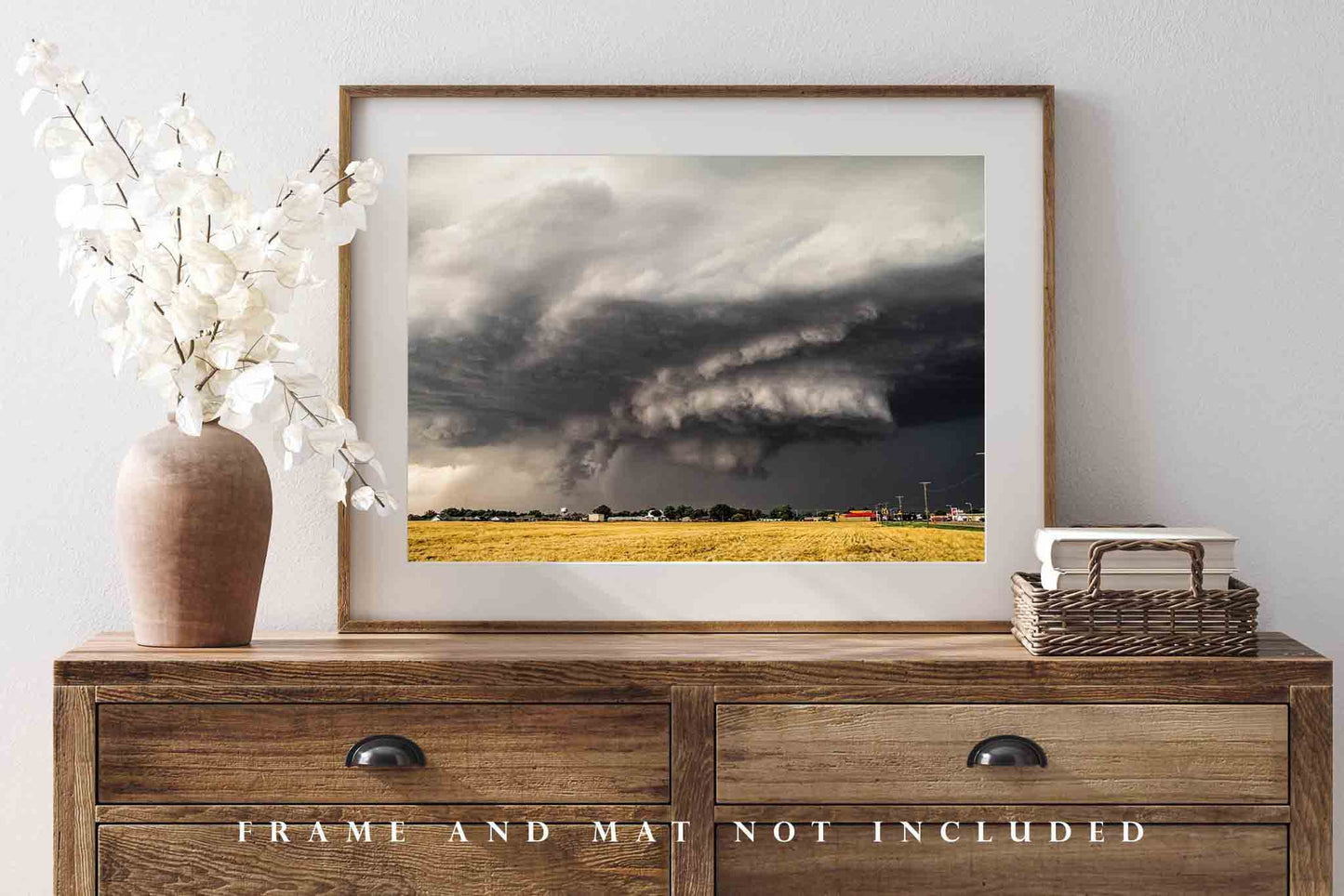 Storm Photography Print - Picture of Supercell Thunderstorm with Wall Cloud Over Small Town in Oklahoma - Weather Photo Artwork Decor