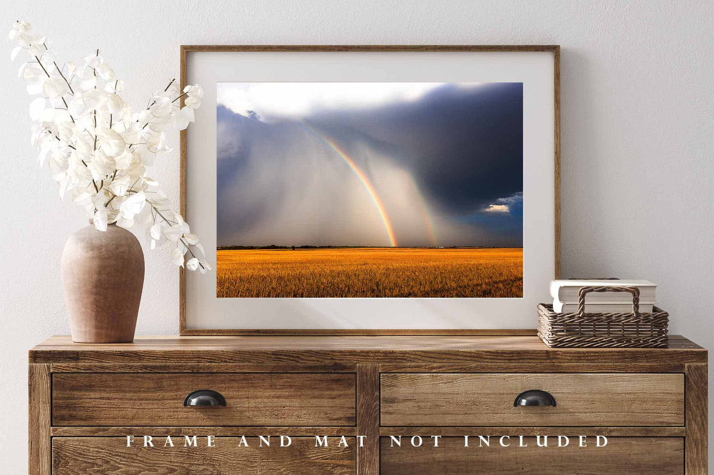 Stormy Sky Photography Print (Not Framed) Picture of Double Rainbow Over Golden Field on Autumn Day in Texas Thunderstorm Wall Art Nature Decor