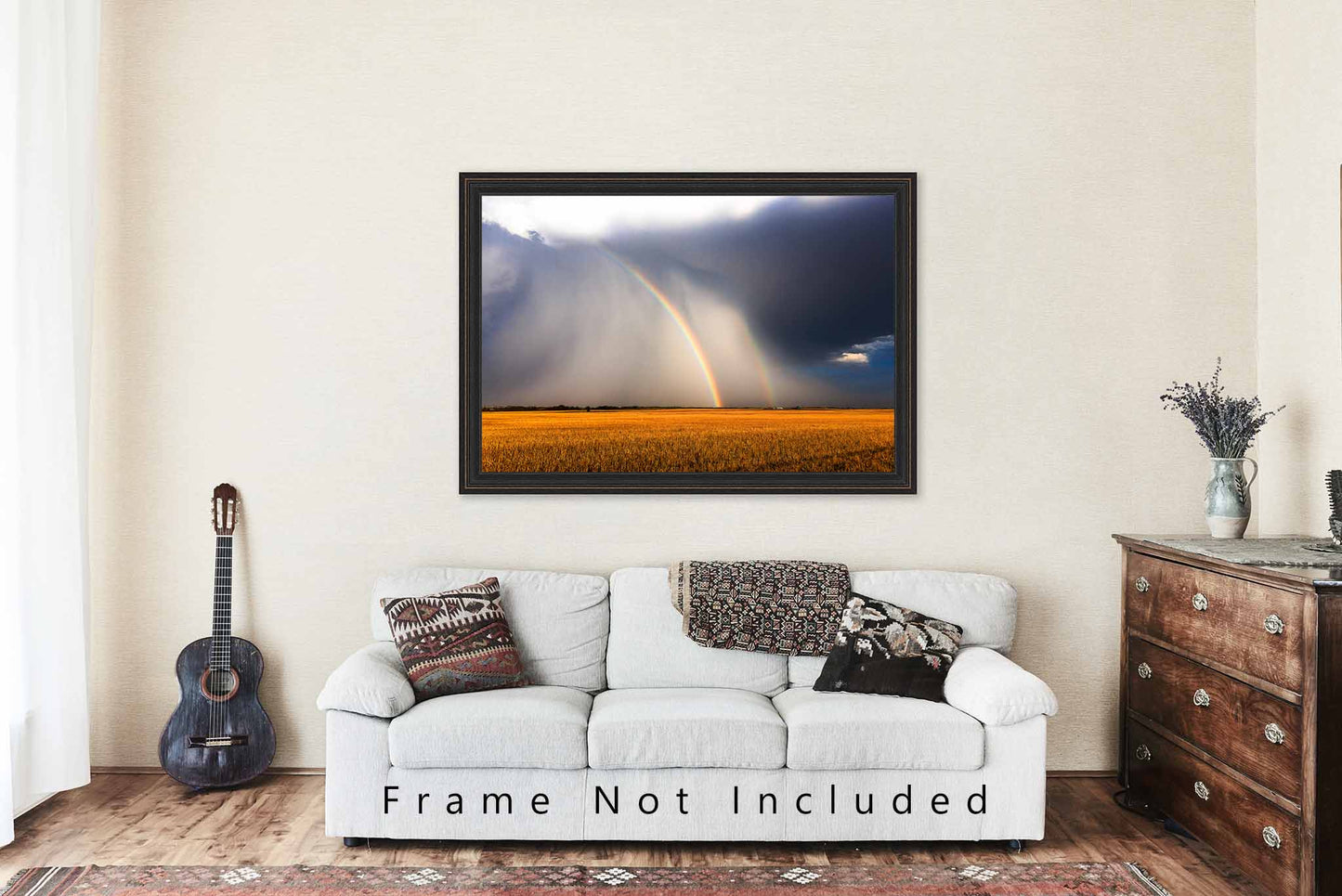 Stormy Sky Photography Print (Not Framed) Picture of Double Rainbow Over Golden Field on Autumn Day in Texas Thunderstorm Wall Art Nature Decor