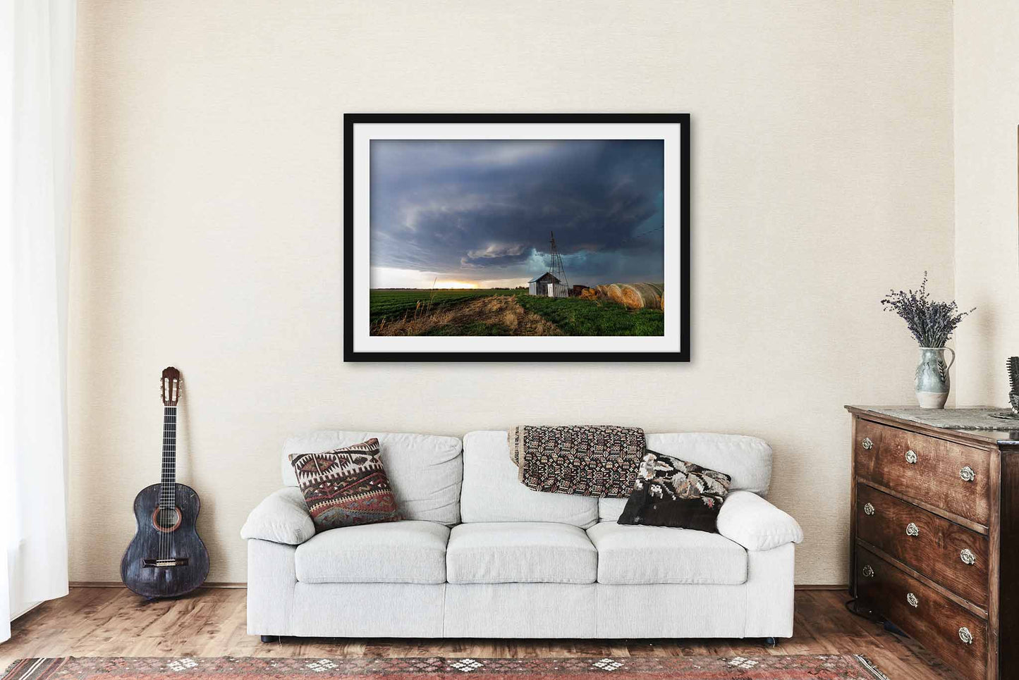 Framed Storm Print (Ready to Hang) Supercell Thunderstorm Over Country Scene in Kansas | Weather Wall Art Farmhouse Decor