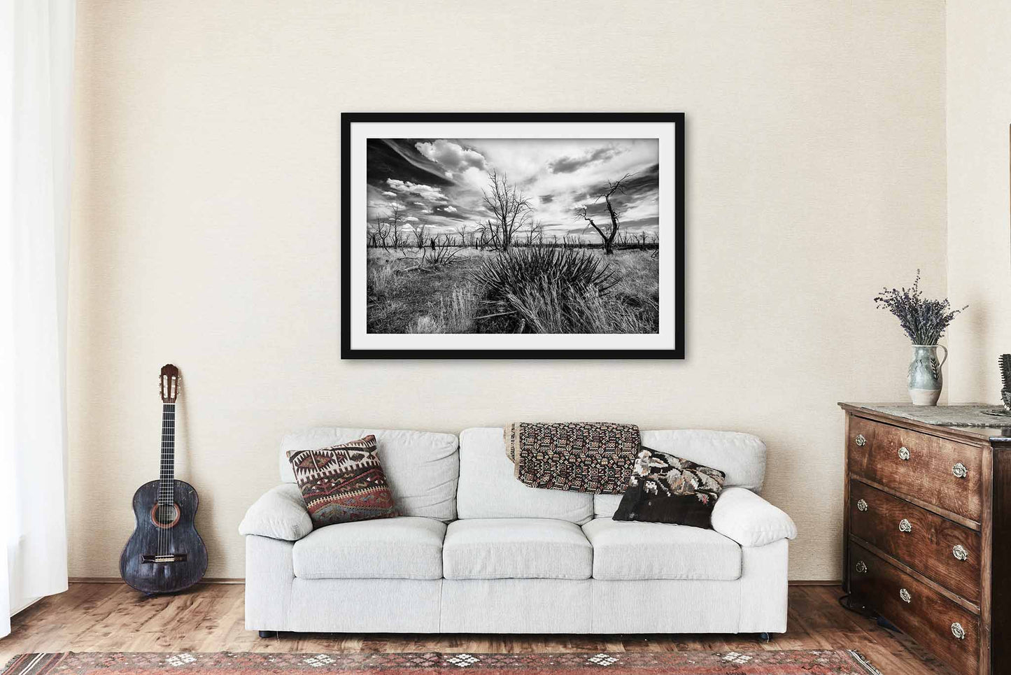 Framed Southwest Landscape Print (Ready to Hang) Yucca Plant and Charred Trees in Colorado | Mesa Verde National Park Wall Art Black and White Nature Decor