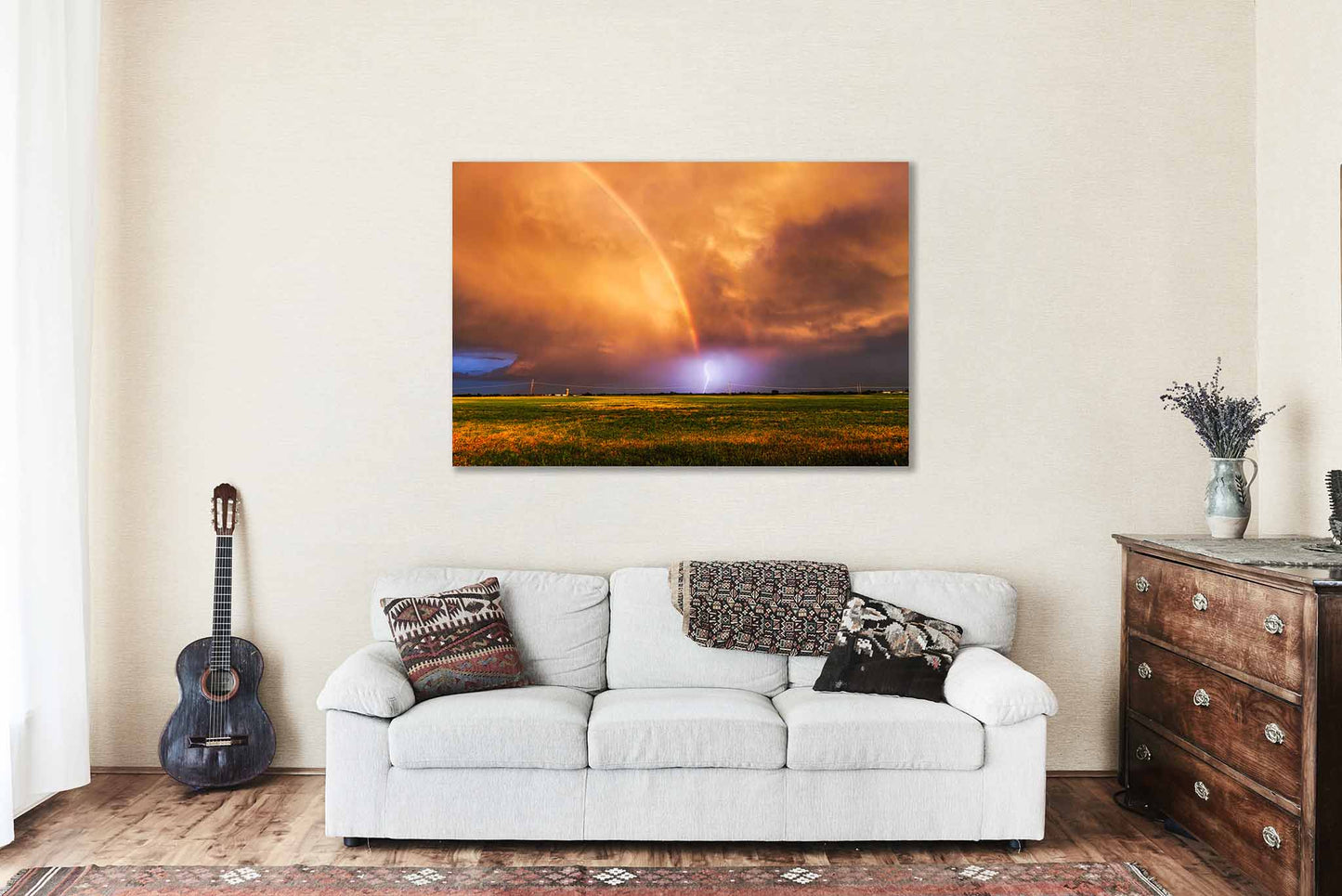 Rainbow and Lightning Canvas | Stormy Sky Gallery Wrap | Storm Photography | Oklahoma Landscape Wall Art | Weather Decor | Ready to Hang