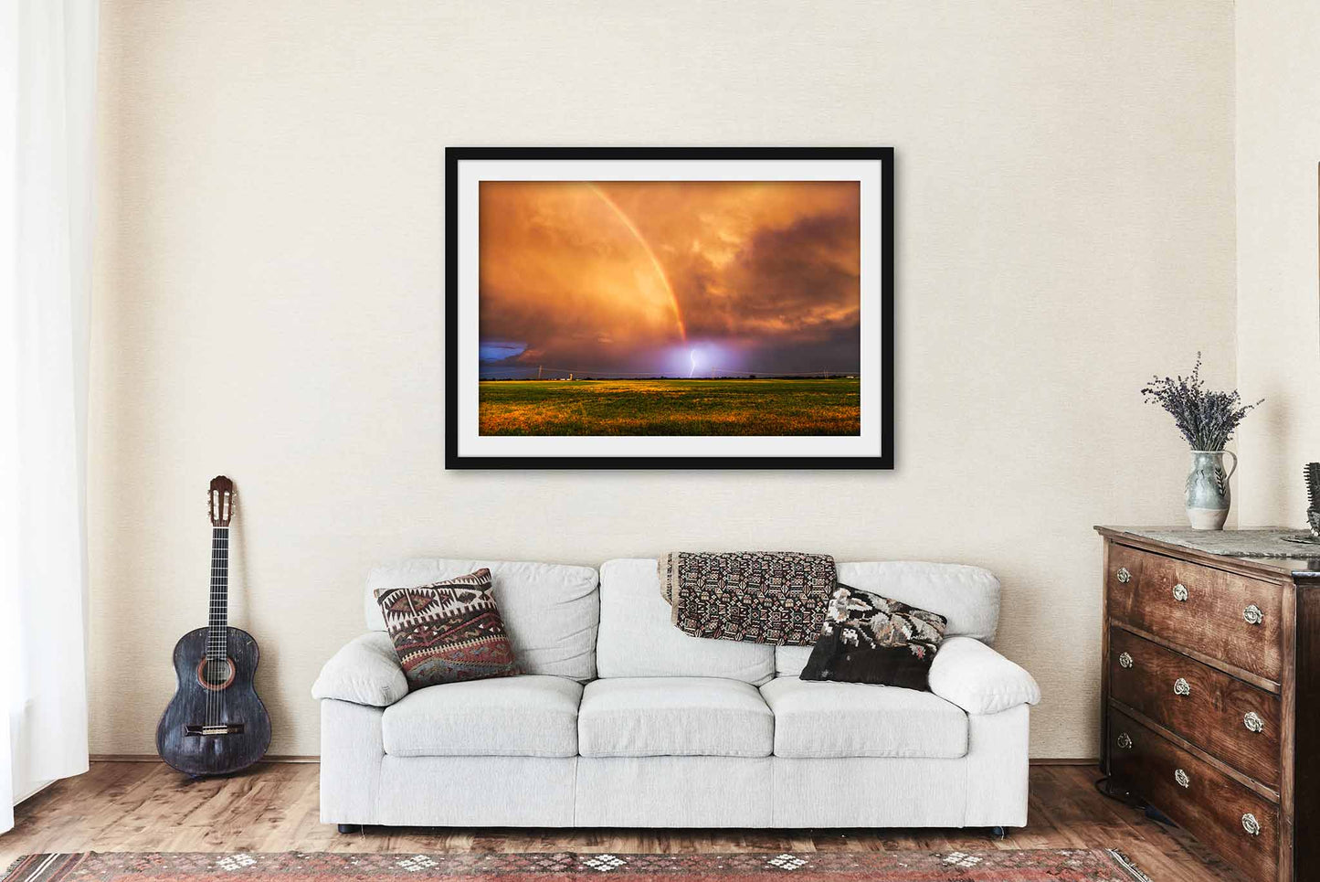 Rainbow and Lightning Framed and Matted Print | Stormy Sky Photo | Storm Decor | Oklahoma Landscape Photography | Weather Wall Art | Ready to Hang