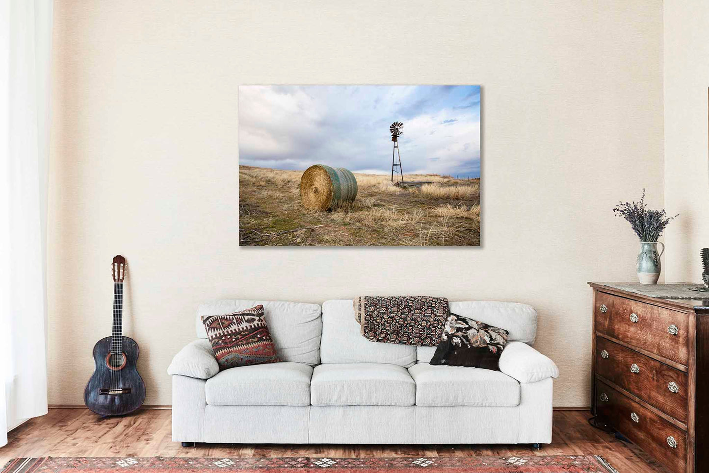 Windmill and Hay Bale Metal Print | Country Photography | Prairie Wall Art | Oklahoma Photo | Farmhouse Decor | Ready to Hang