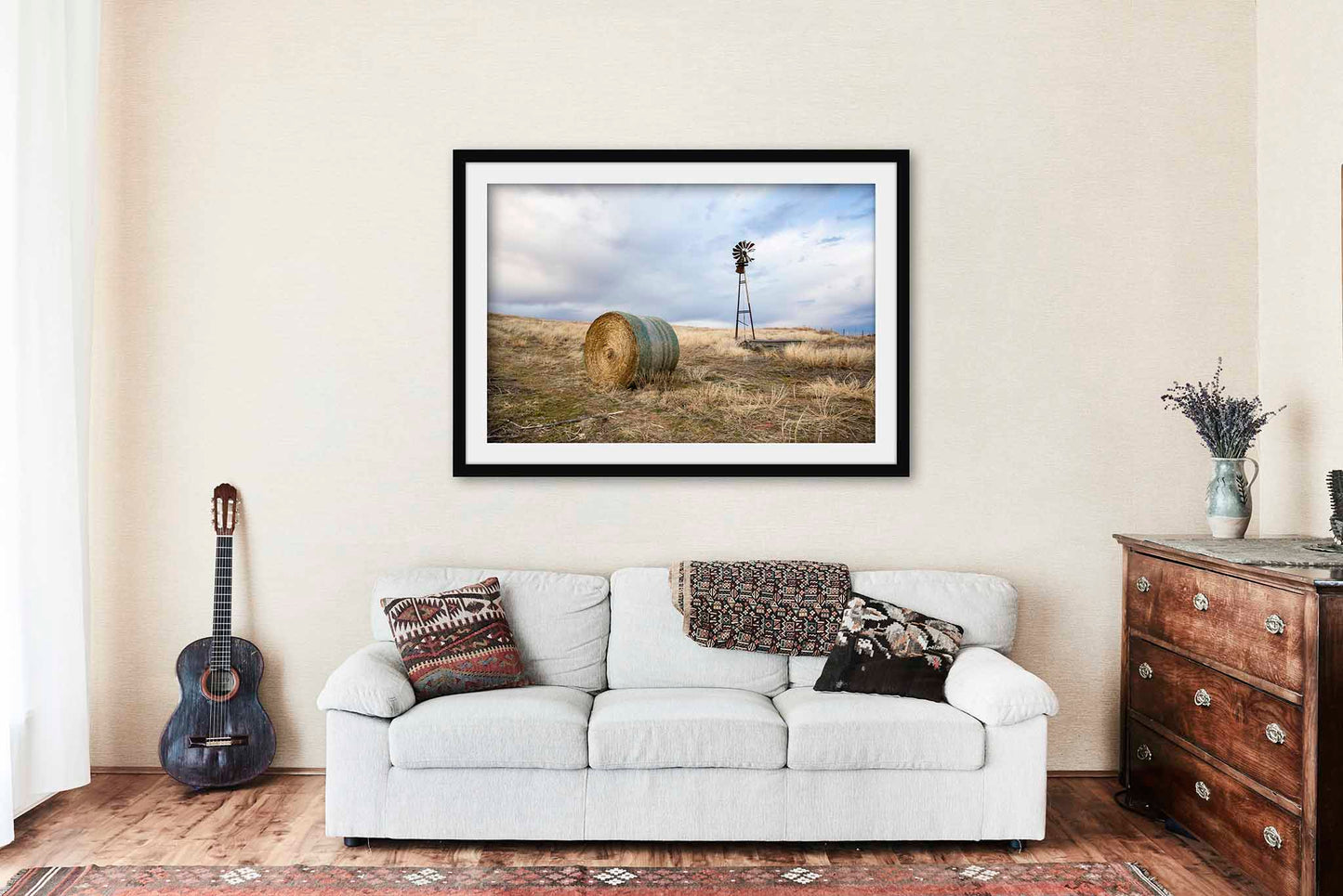 Windmill and Hay Bale Framed and Matted Print | Country Photo | Prairie Decor | Oklahoma Photography | Farmhouse Wall Art | Ready to Hang