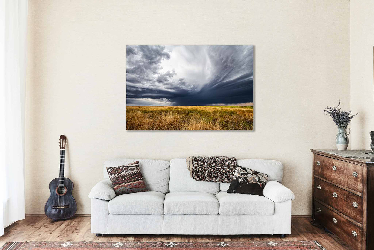 Stormy Sky Over Prairie Grass in Oklahoma Panhandle Canvas Wall Art | Thunderstorm Photography Great Plains Decor