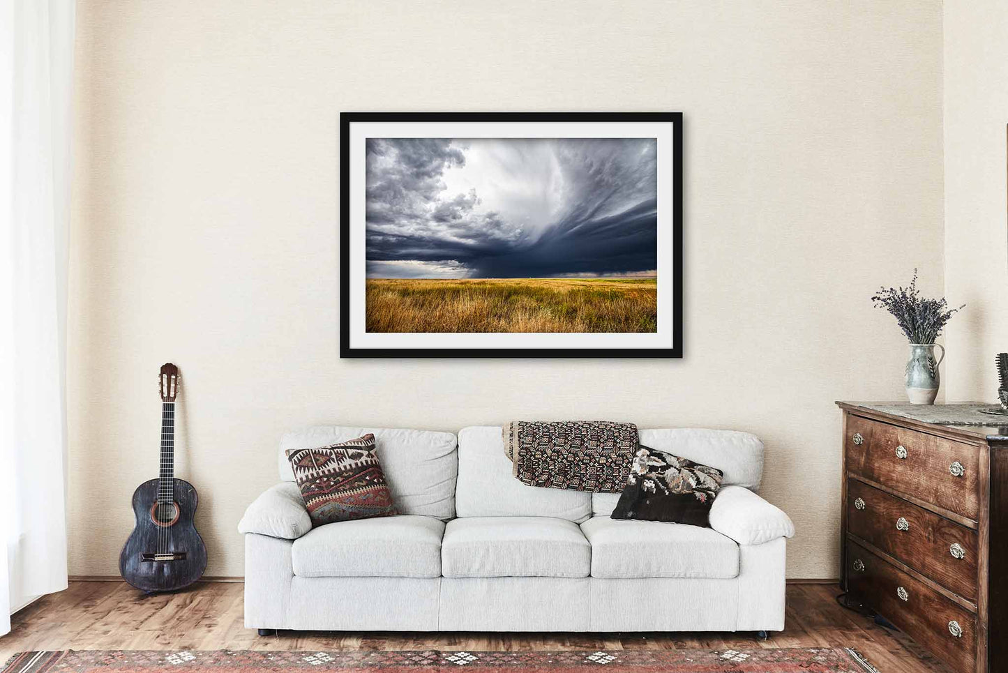 Stormy Sky Over Prairie Grass in Oklahoma Panhandle Framed Print | Thunderstorm Wall Art Great Plains Decor
