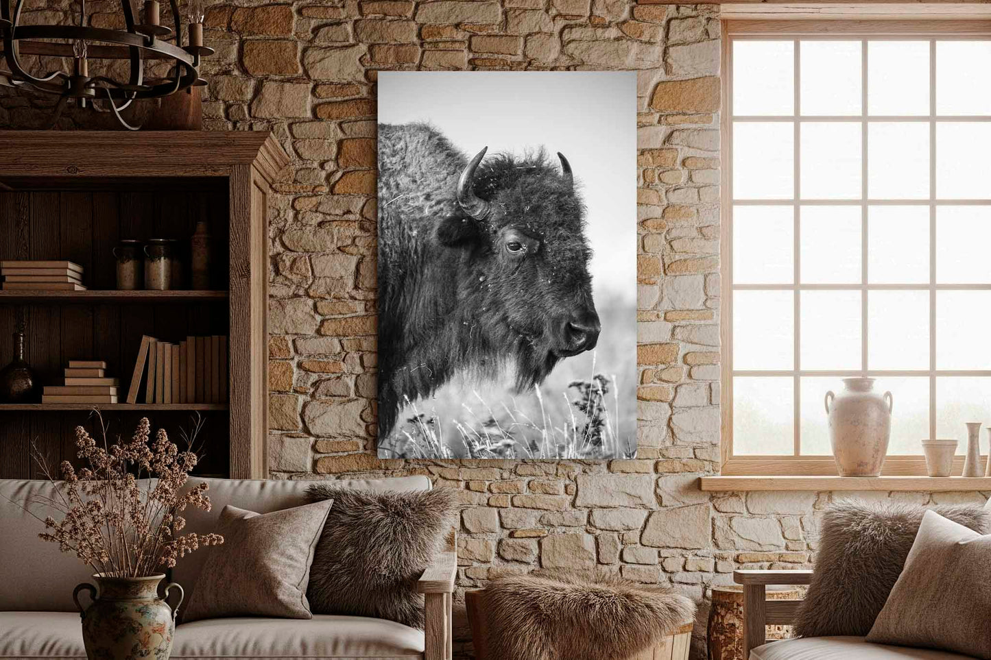 Bison Canvas | Vertical Buffalo Gallery Wrap | Black and White Photography | Oklahoma Nature Wall Art | Western Decor | Ready to Hang