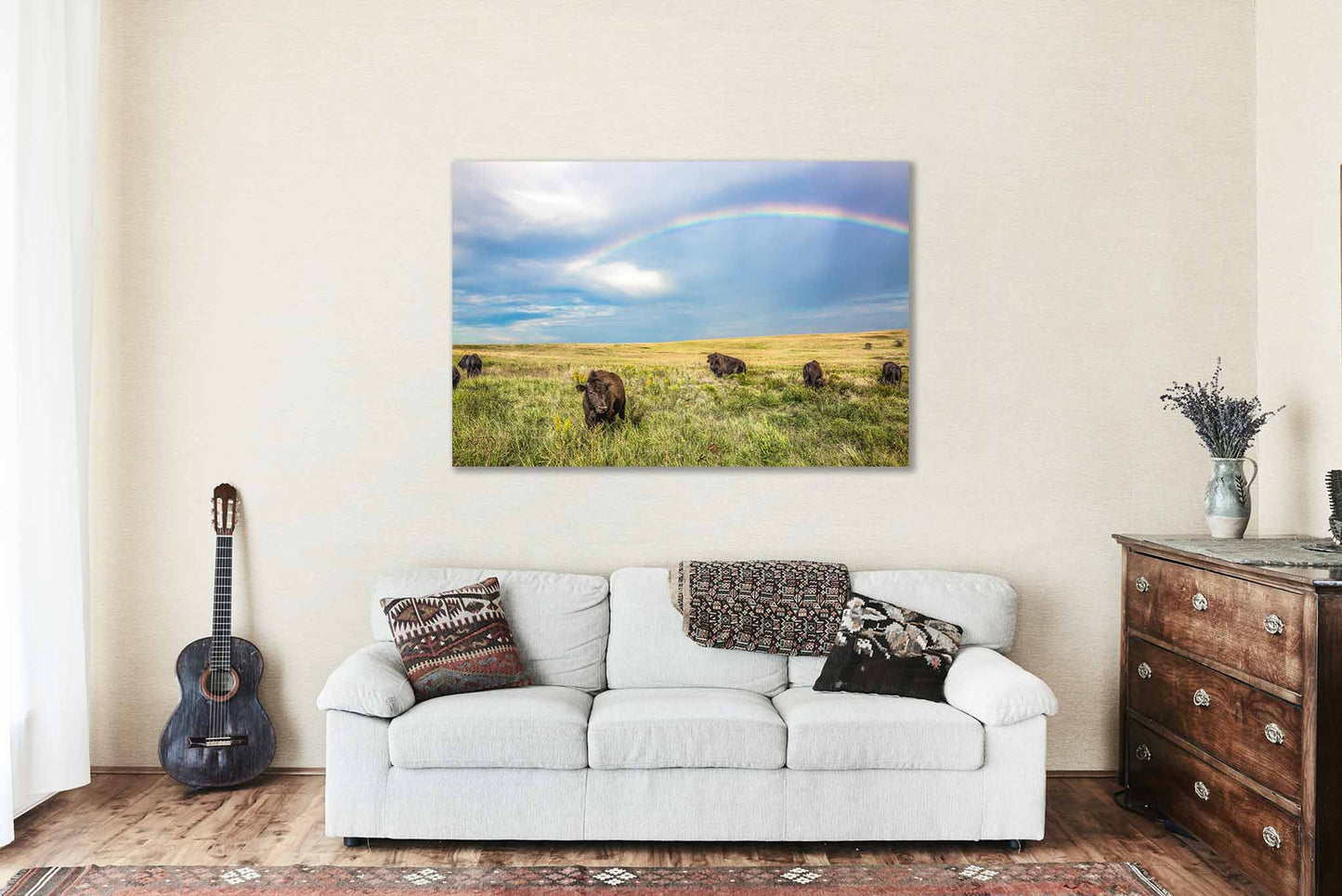 Bison Canvas | Buffalo Calf and Rainbow Gallery Wrap | Great Plains Photography | Oklahoma Wall Art | Western Decor | Ready to Hang