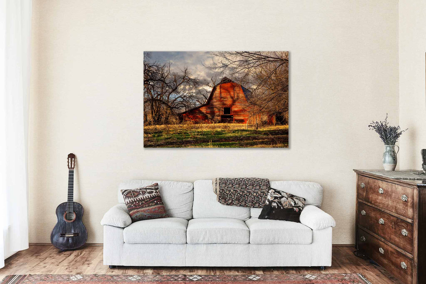 Country Metal Print (Ready to Hang) Photo on Aluminum of Rustic Red Barn in Shadows of Leafless Trees in Oklahoma Farm Wall Art Farmhouse Decor