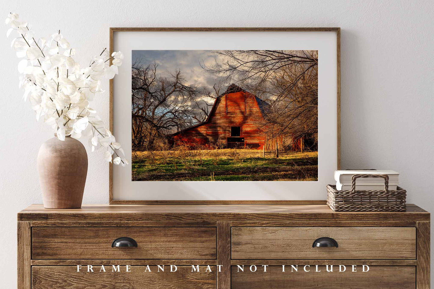 Country Photography Print (Not Framed) Picture of Rustic Red Barn in Shadows of Leafless Trees in Oklahoma Farm Wall Art Farmhouse Decor