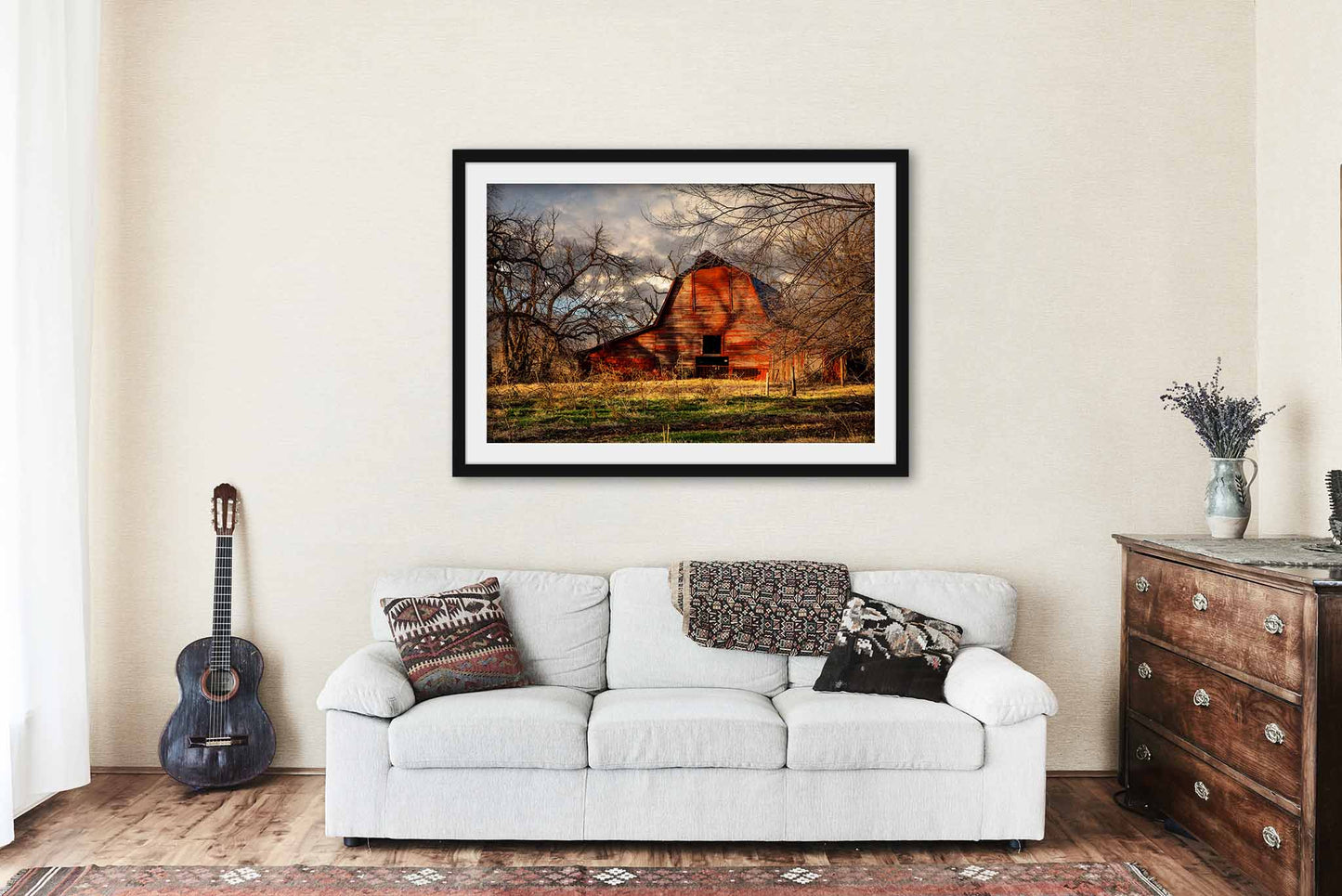 Framed Country Print (Ready to Hang) Picture of Rustic Red Barn in Shadows of Leafless Trees in Oklahoma Farm Wall Art Farmhouse Decor