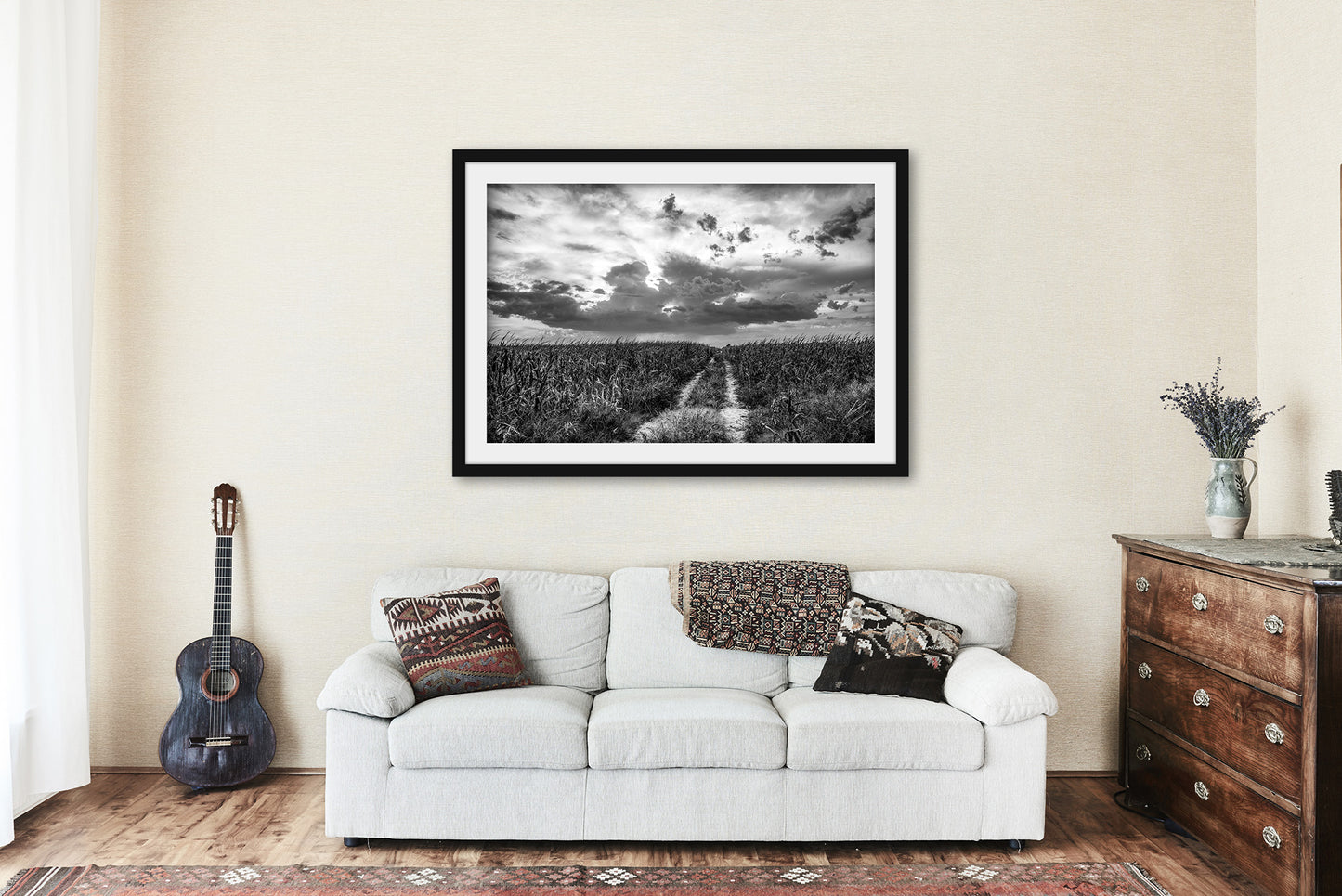 Framed Country Print (Ready to Hang) Black and White Picture of Worn Path in a Corn Field Leading to Big Sky in Nebraska Farm Wall Art Farmhouse Decor