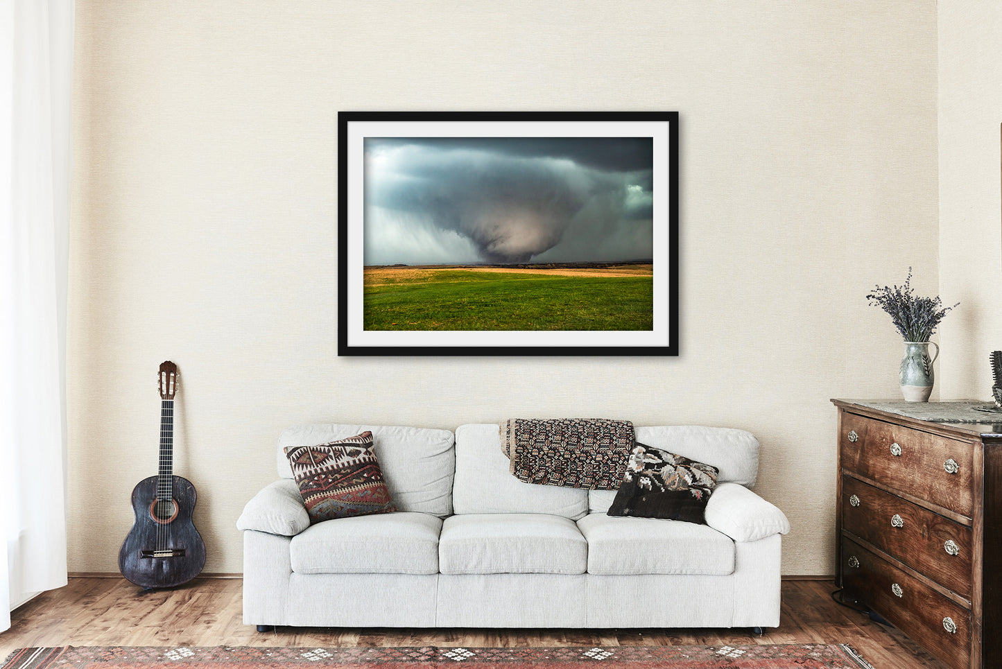 Framed Print (Ready to Hang) Picture of Large Tornado Rumbling Over Open Fields on Stormy Spring Day in Kansas Storm Wall Art Weather Decor
