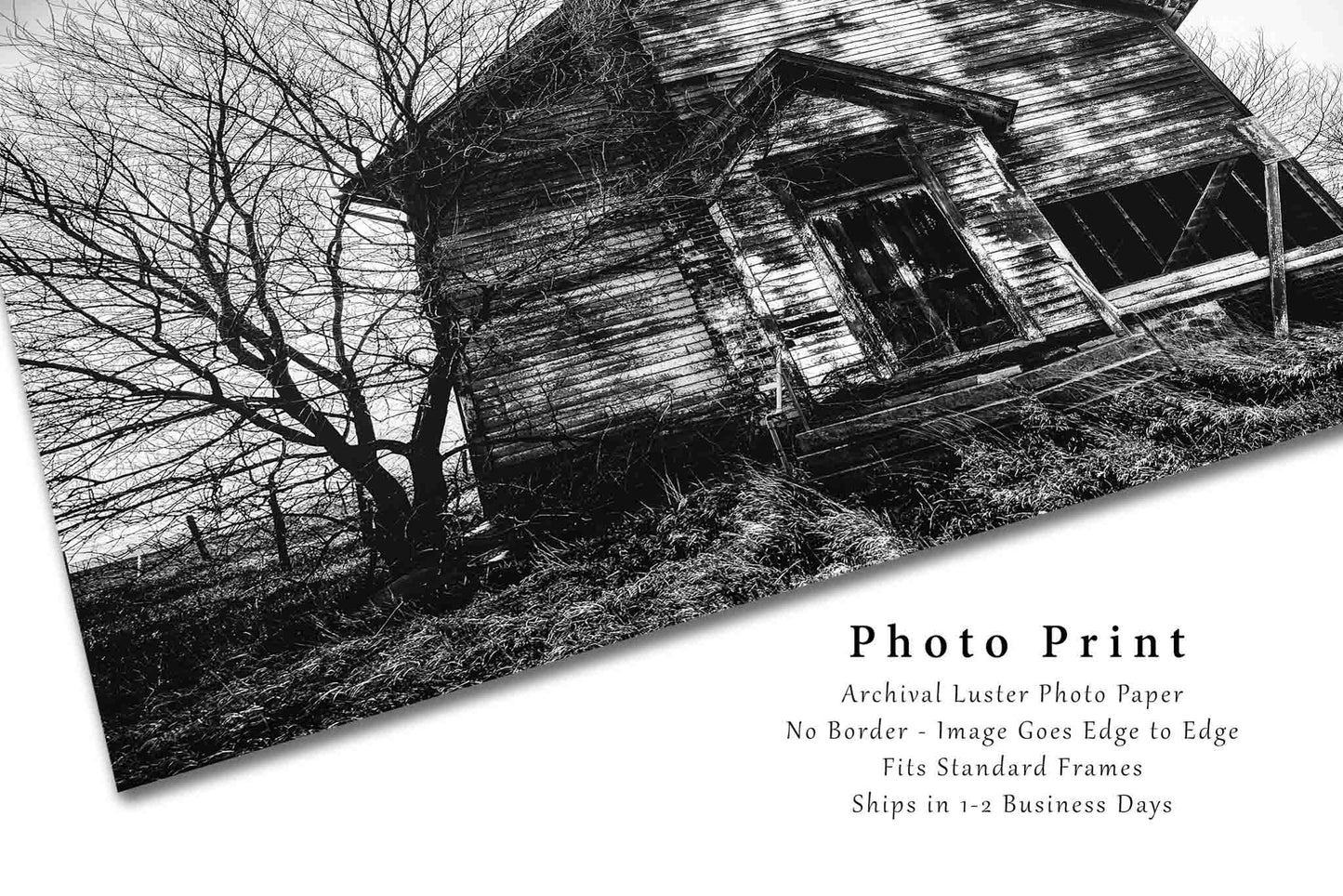 Black and White Photography Print - Picture of Old Abandoned School House in Iowa Fixer-Upper Shabby Chic Home Decor Wall Art Photo Artwork