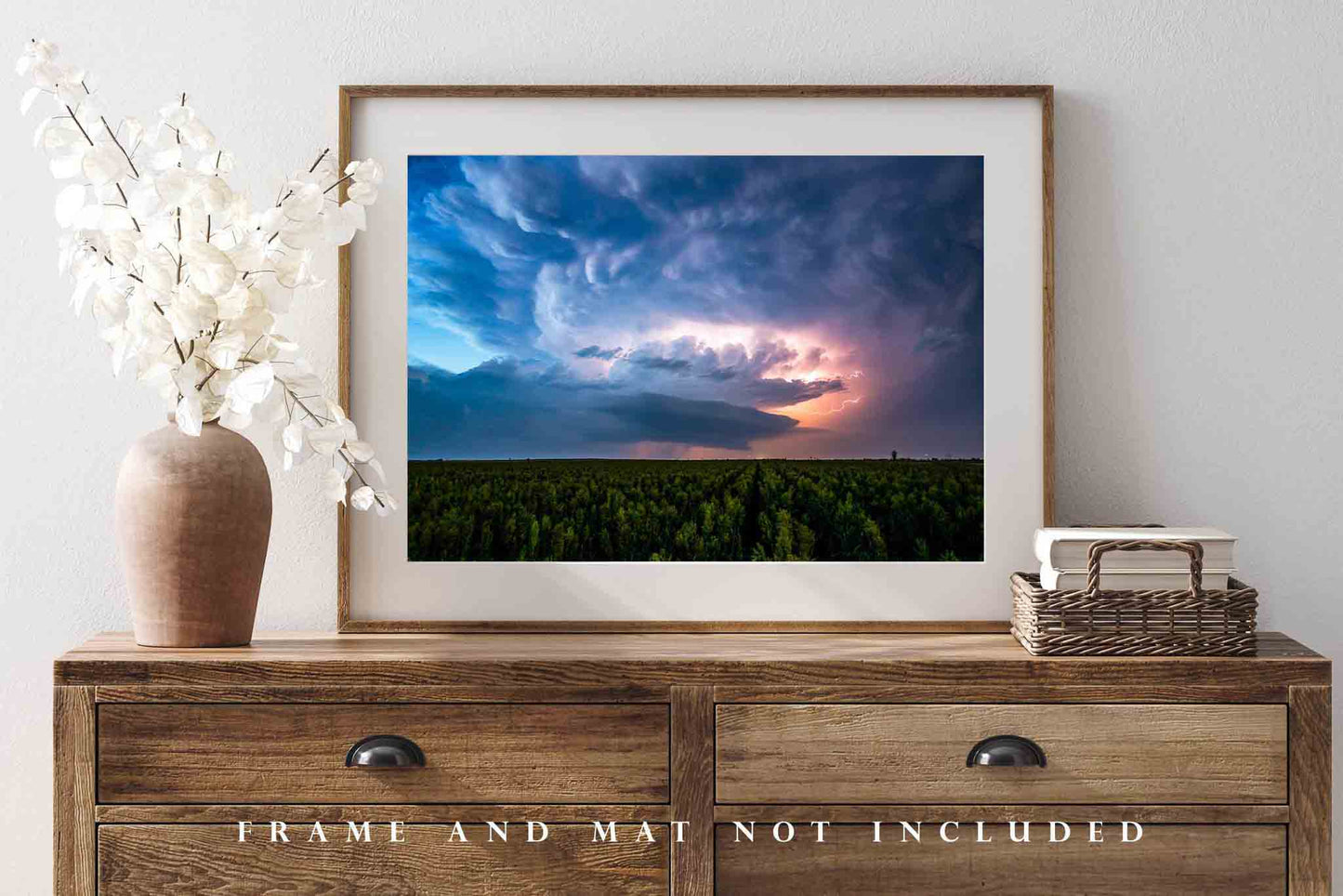 Thunderstorm Photography Print - Picture of Storm Cloud Illuminated by Lightning Over Field at Night in Nebraska Scenic Wall Art Photo Decor