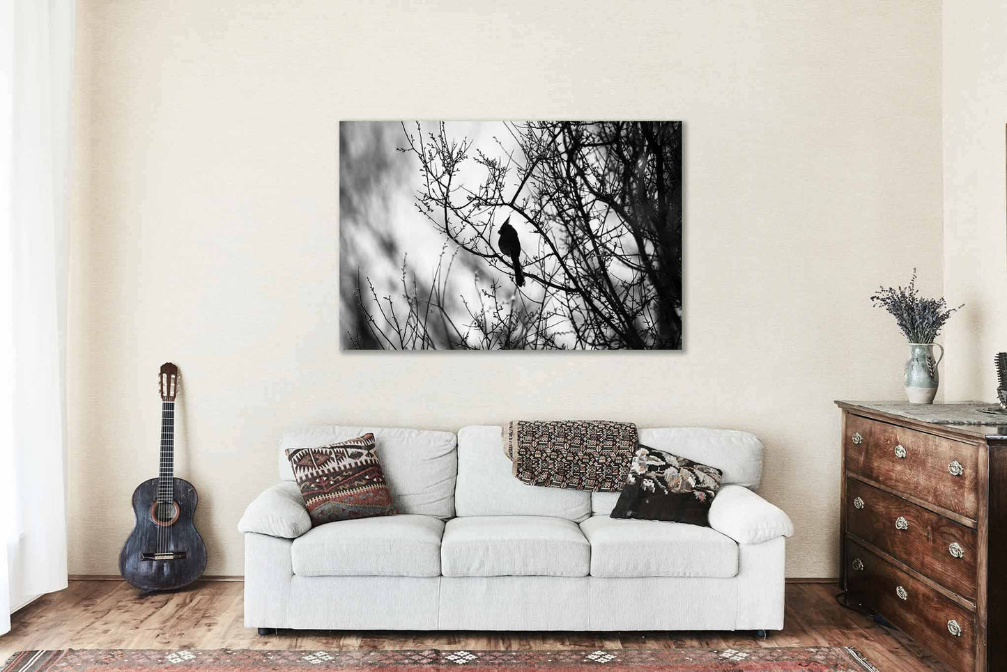 Desert Cardinal Canvas | Black and White Pyrrhuloxia Gallery Wrap | Bird Silhouette Photography | Arizona Wall Art | Nature Decor | Ready to Hang