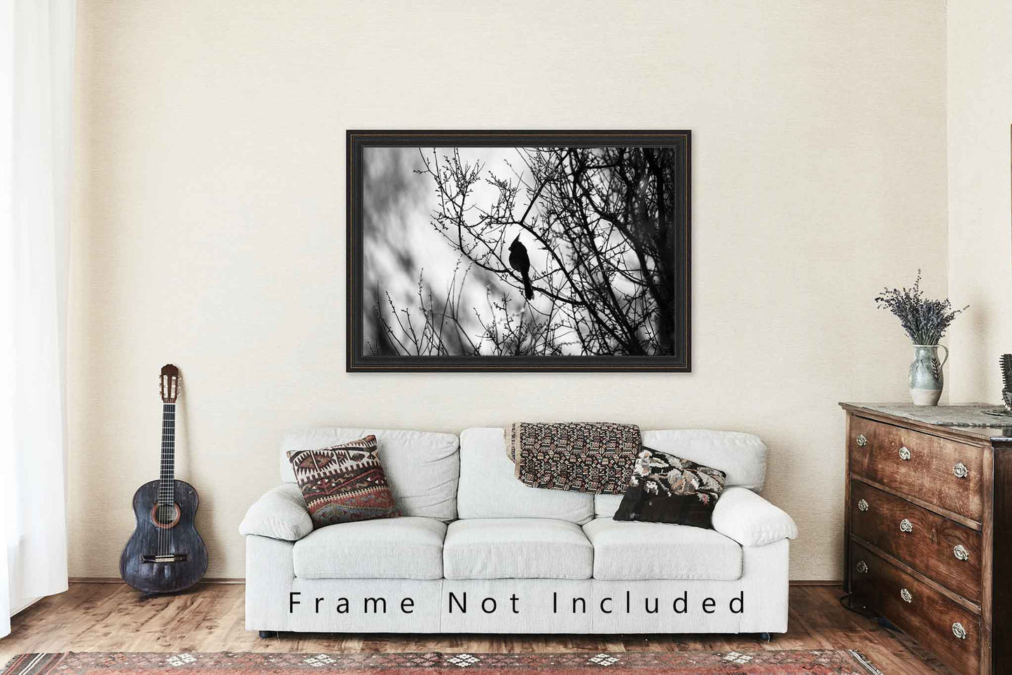 Bird Photography Wall Art Print, Black and White Picture of Pyrrhuloxia Cardinal on Tree Branch Near San Pedro River in Arizona Nature Decor