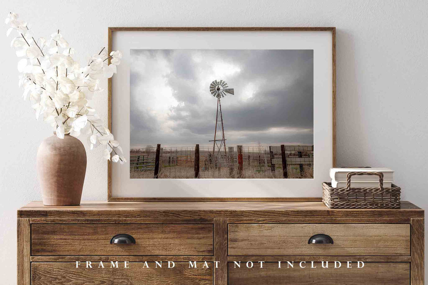 Farm Wall Art - Picture of Windmill Against Silver Sky in Iowa - Country Farmhouse Photography Photo Print Artwork Decor