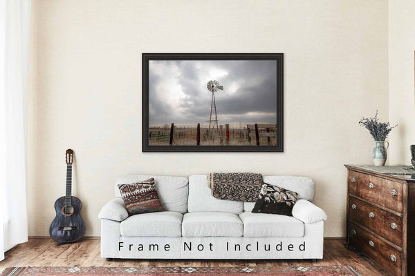 Farm Wall Art - Picture of Windmill Against Silver Sky in Iowa - Country Farmhouse Photography Photo Print Artwork Decor