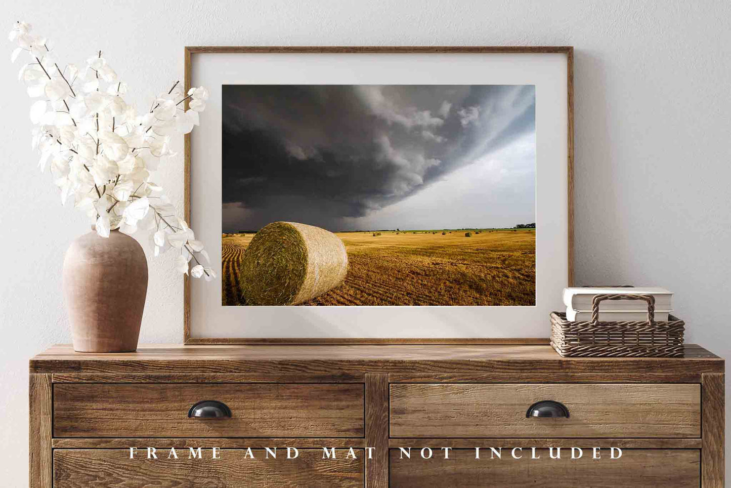 Country Picture - Fine Art Farm Photography Print of Round Hay Bale in Field Under Storm in Kansas Rural Farmhouse Wall Art Photo Decor