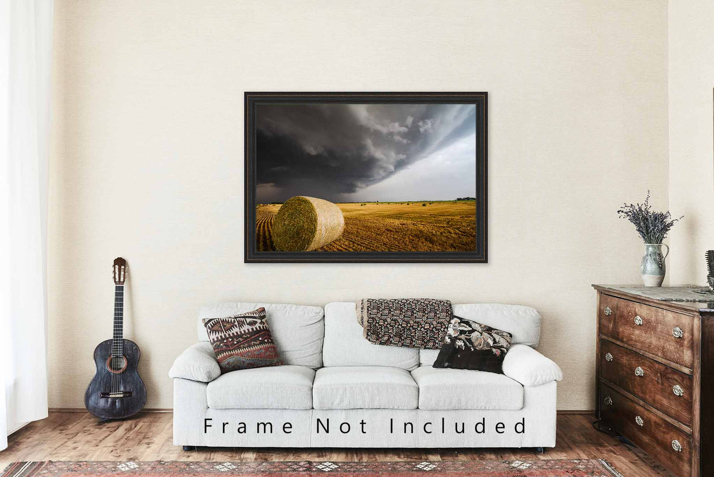 Country Picture - Fine Art Farm Photography Print of Round Hay Bale in Field Under Storm in Kansas Rural Farmhouse Wall Art Photo Decor