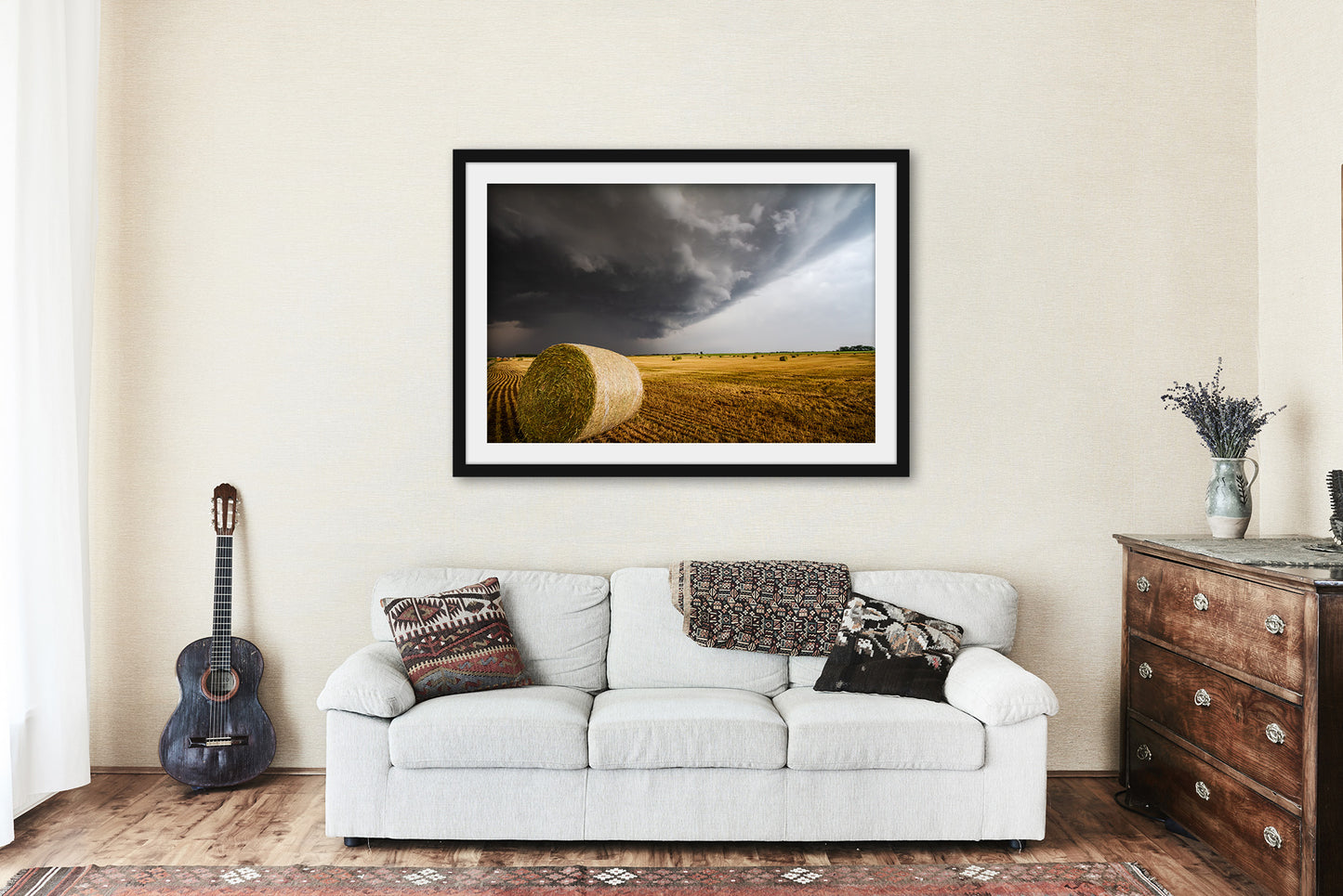 Framed and Matted Print - Picture of Storm Over Golden Round Hay Bale in Field on Spring Day in Kansas Country Wall Art Farmhouse Decor