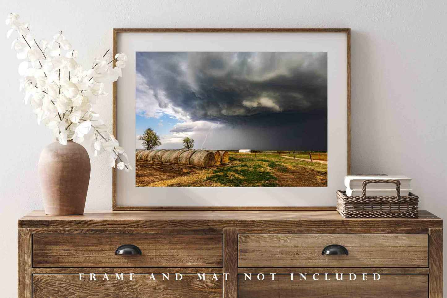Storm Photography Print - Picture of Thunderstorm with Lighting Strike Over Round Hay Bales in Oklahoma Farm Wall Art Weather Decor