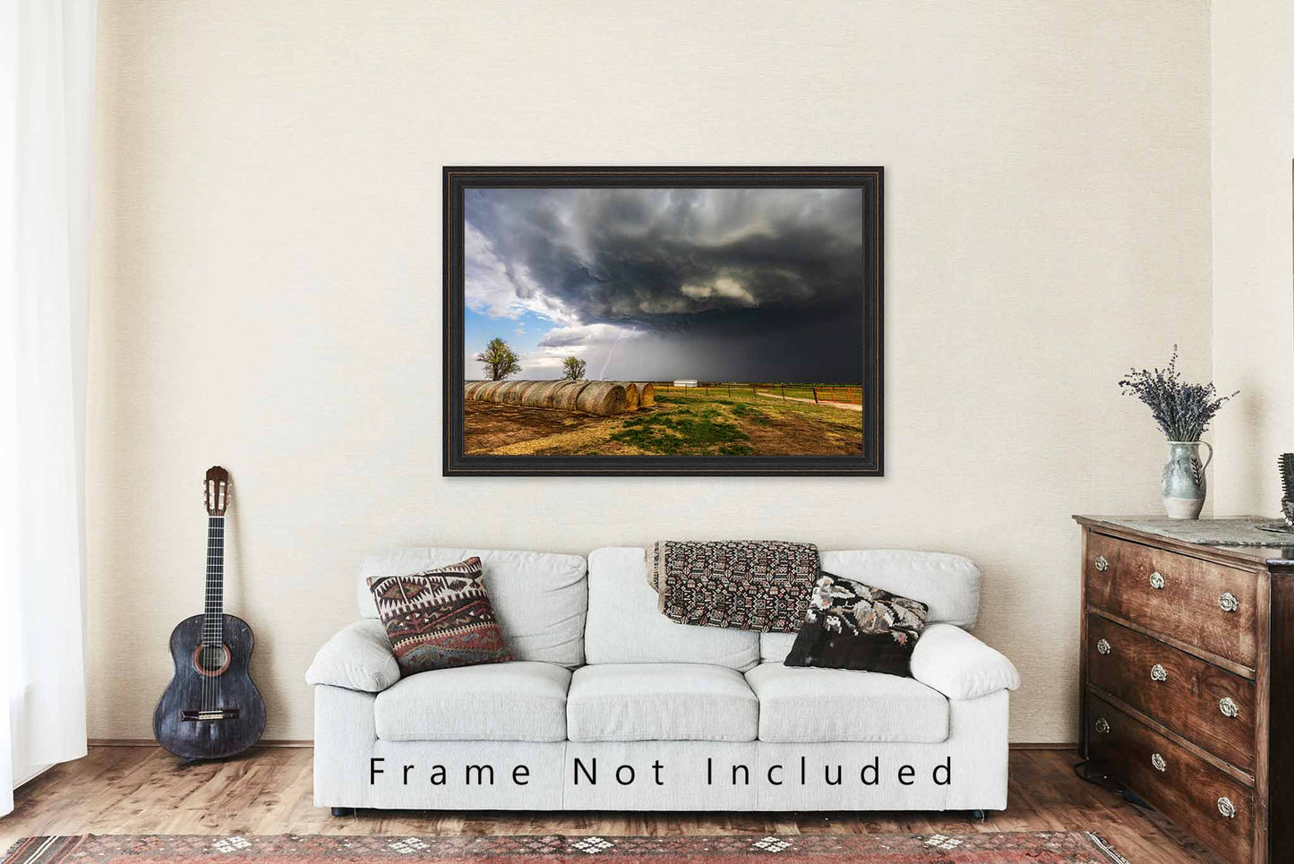 Storm Photography Print - Picture of Thunderstorm with Lighting Strike Over Round Hay Bales in Oklahoma Farm Wall Art Weather Decor