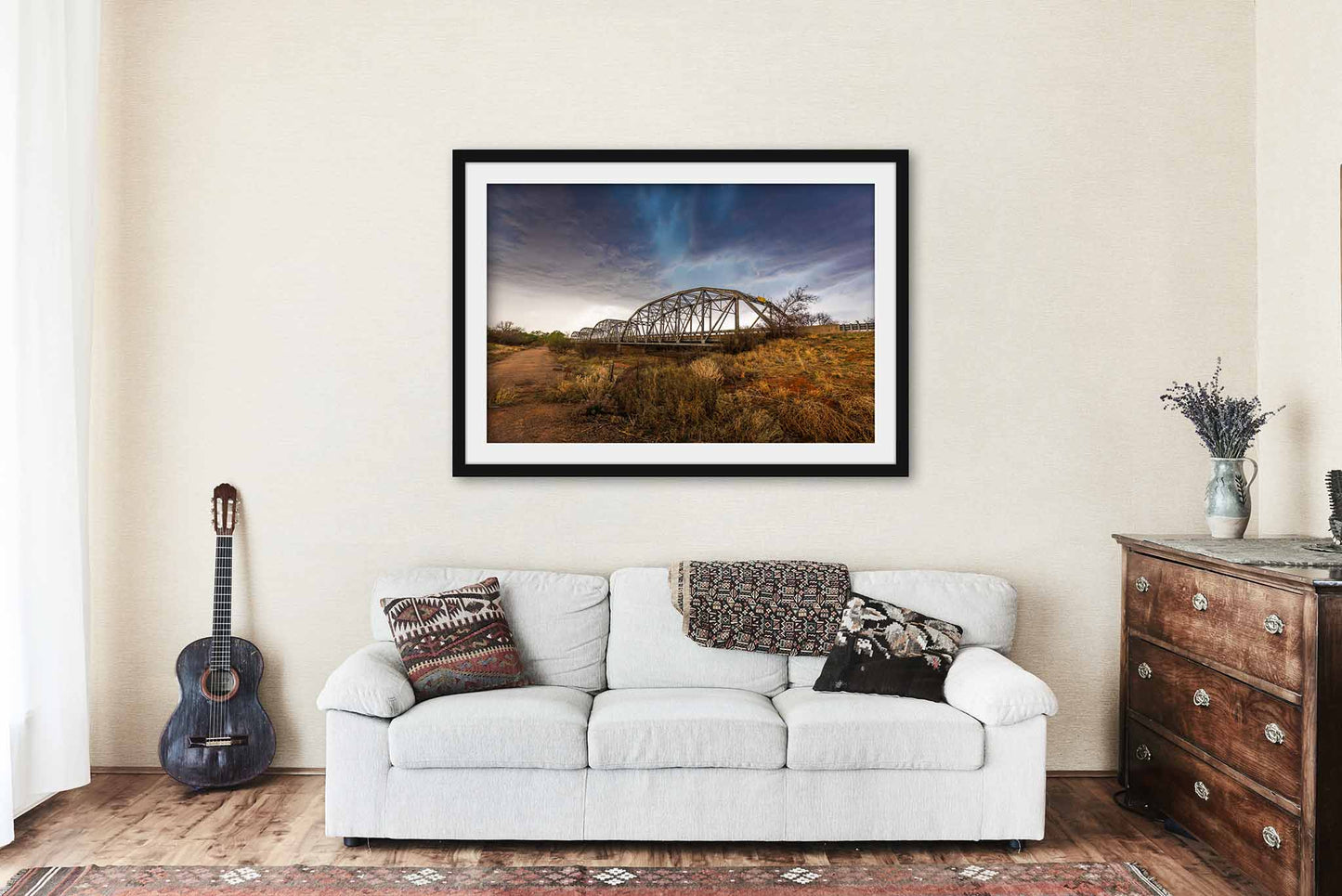Framed Storm Print (Ready to Hang) Thunderstorm Over Old Bridge in Texas Panhandle | Great Plains Wall Art Weather Decor