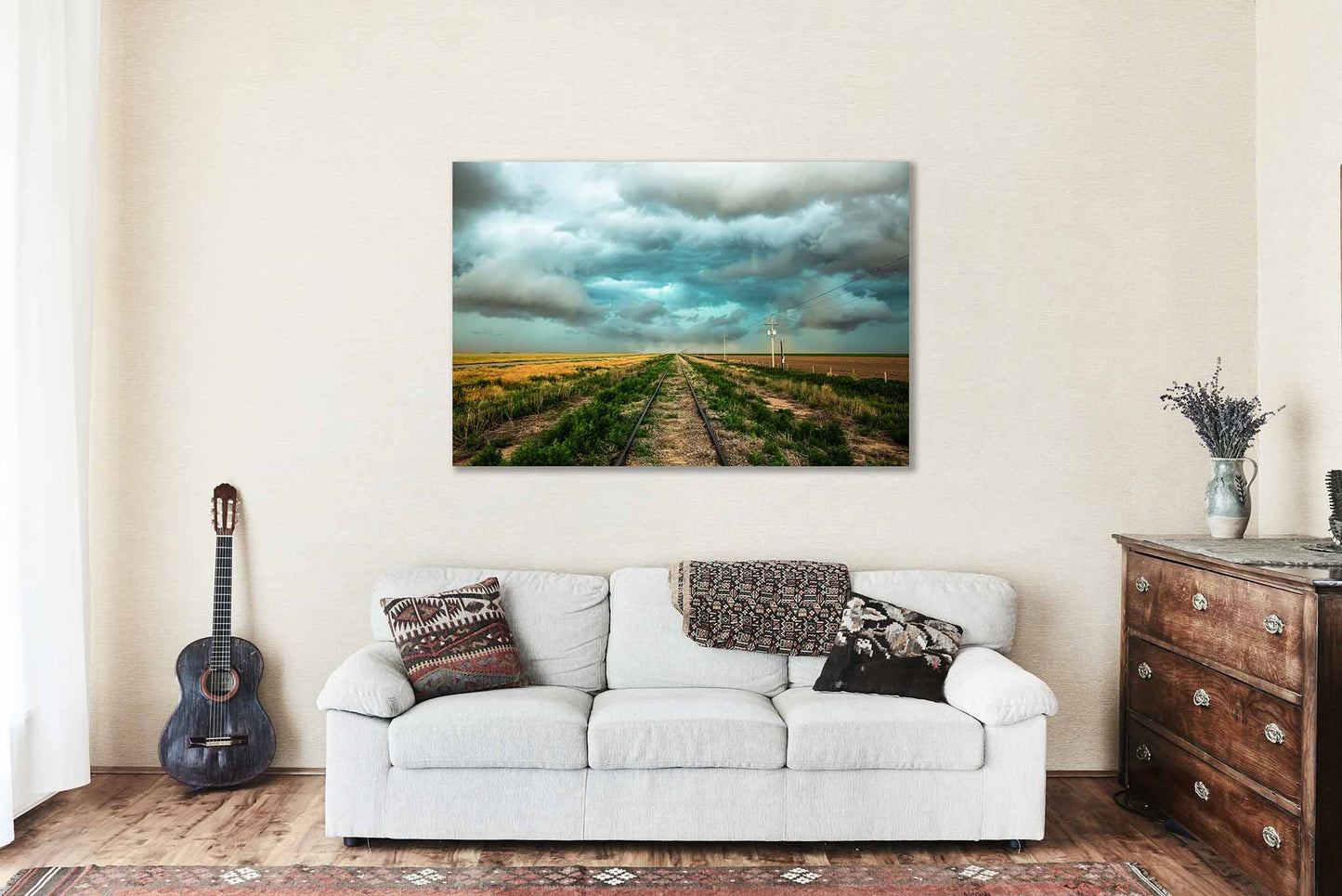 Railroad Canvas Wall Art (Ready to Hang) Train Tracks Leading to Stormy Sky in Colorado | Storm Photography Great Plains Decor