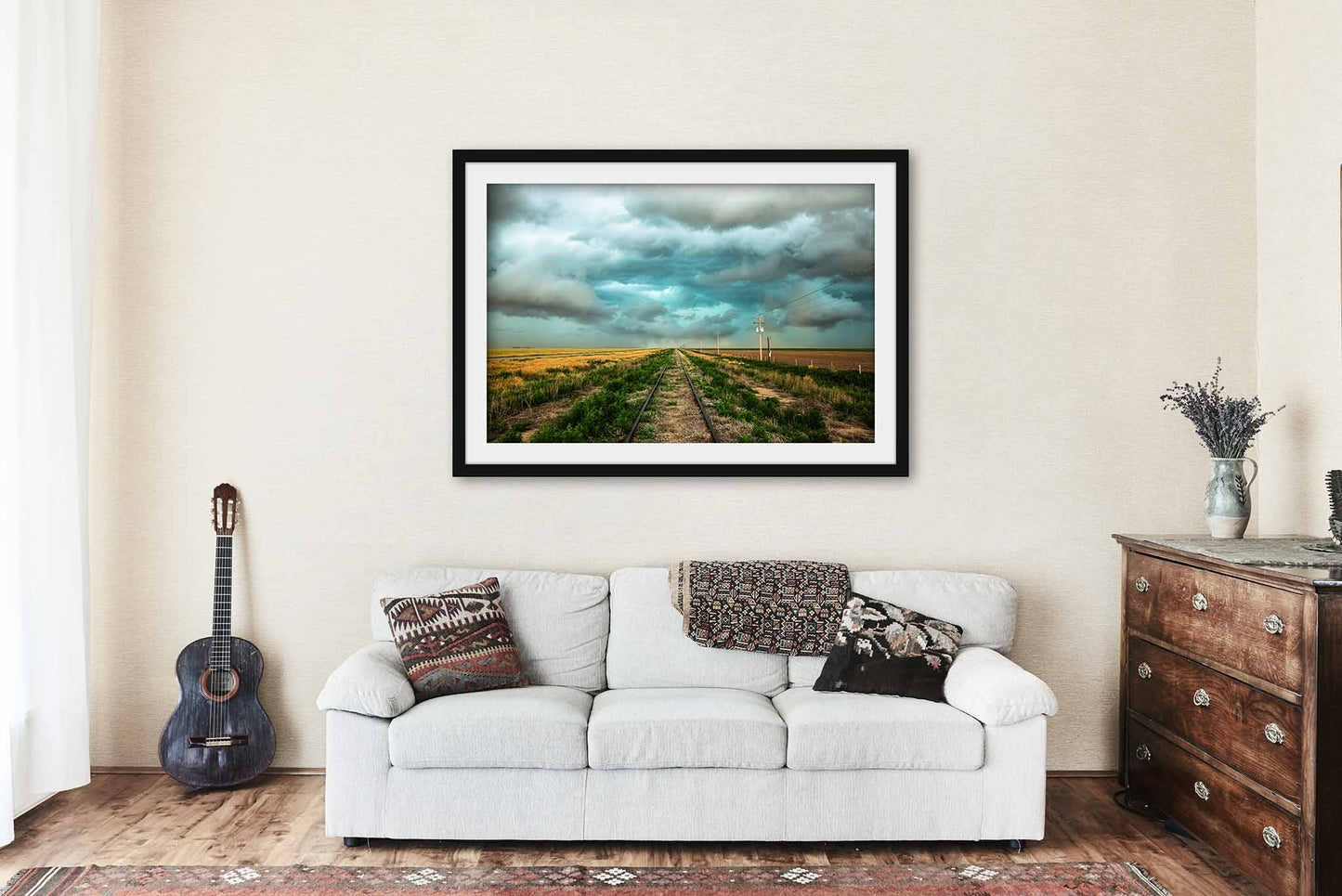 Framed Railroad Print (Ready to Hang) Train Tracks Leading to Stormy Sky in Colorado | Storm Wall Art Great Plains Decor