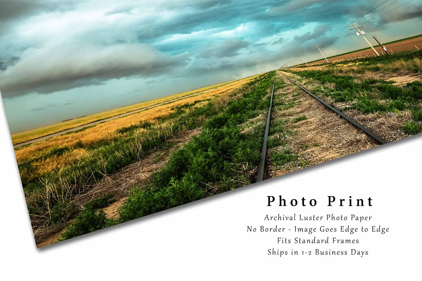 Train Tracks Leading to Stormy Sky in Colorado Photo Print (Unframed) | Thunderstorm Wall Art Railroad Decor